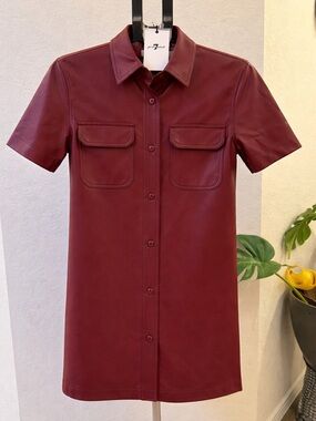 7 For All Mankind Short-Sleeve Leather Dress in Burgundy